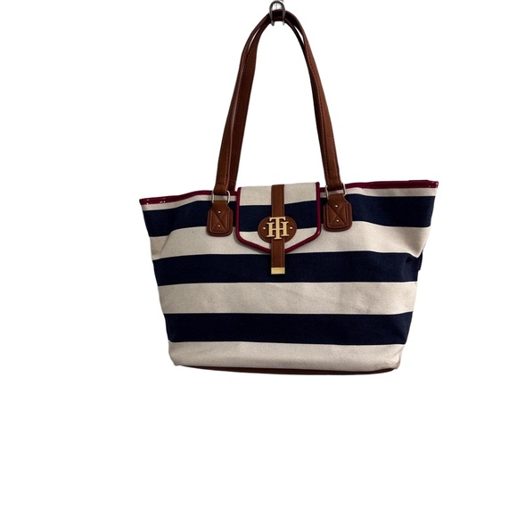 Tommy Hilfiger Striped Canvas Tote Bag Leather Trim Nautical Preppy Coastal Chic - Picture 2 of 16